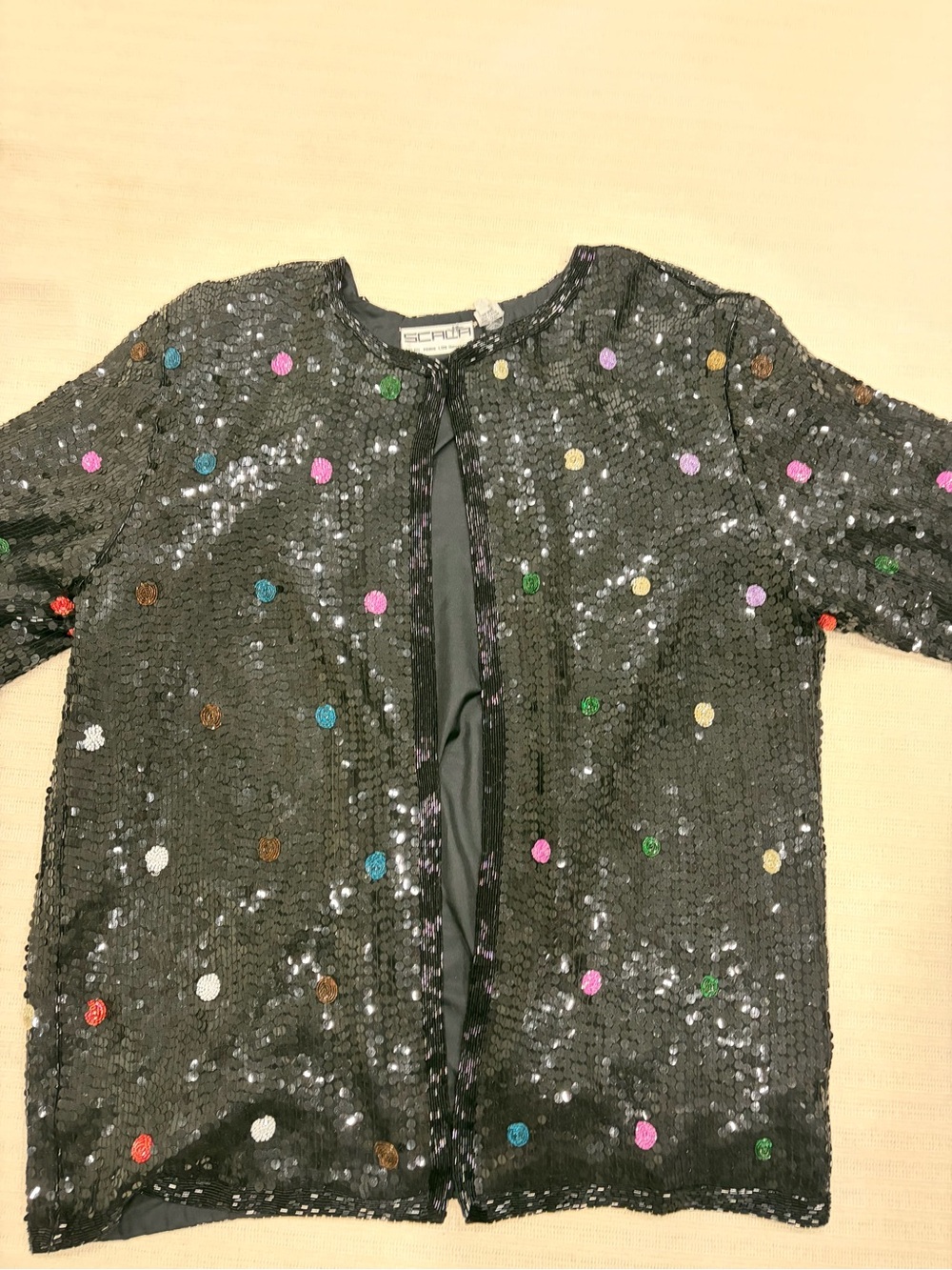 Scala Black Sequin Open-Front Jacket with Multicolor Dots